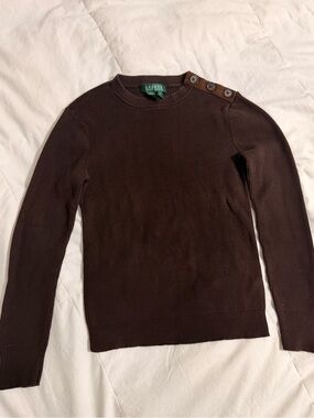 Lauren Ralph Lauren Brown Ribbed Crewneck Sweater with Elbow Patch - Small